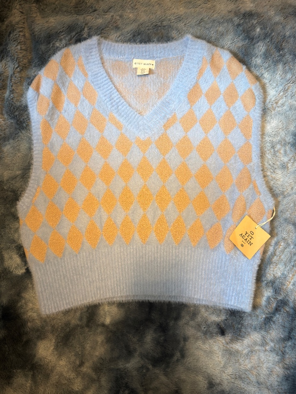 Yet Again Blue & Cream Argyle Fuzzy Sweater Vest | XL - NWT